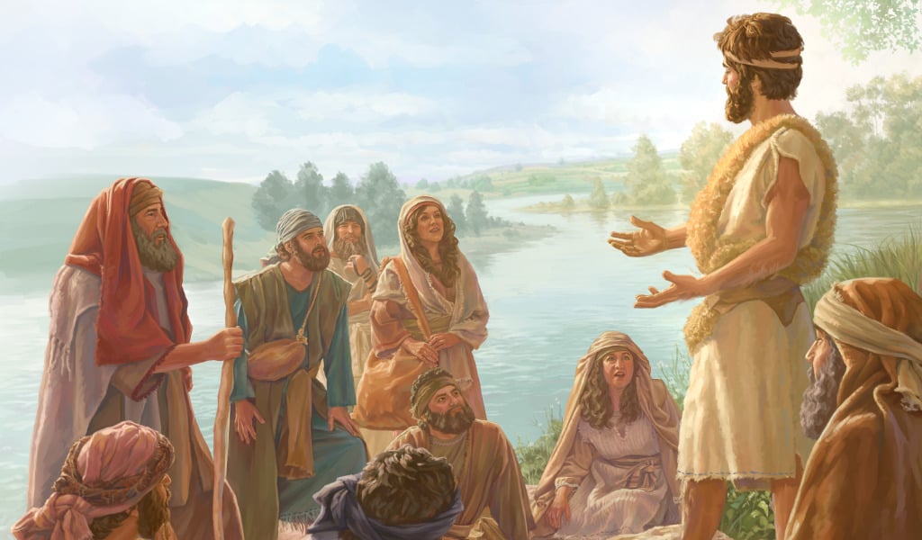 Juan el Bautista hablando a la gente de Jesús imagen de la página Voces de amor y vida