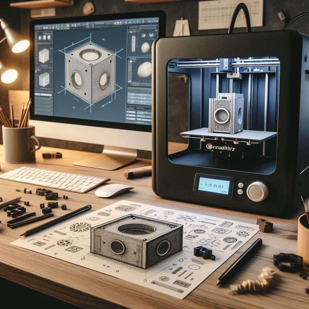 Centre d'ingénierie avec croquis, écran CAO & DAO et imprimante 3D pour la réalisation finale