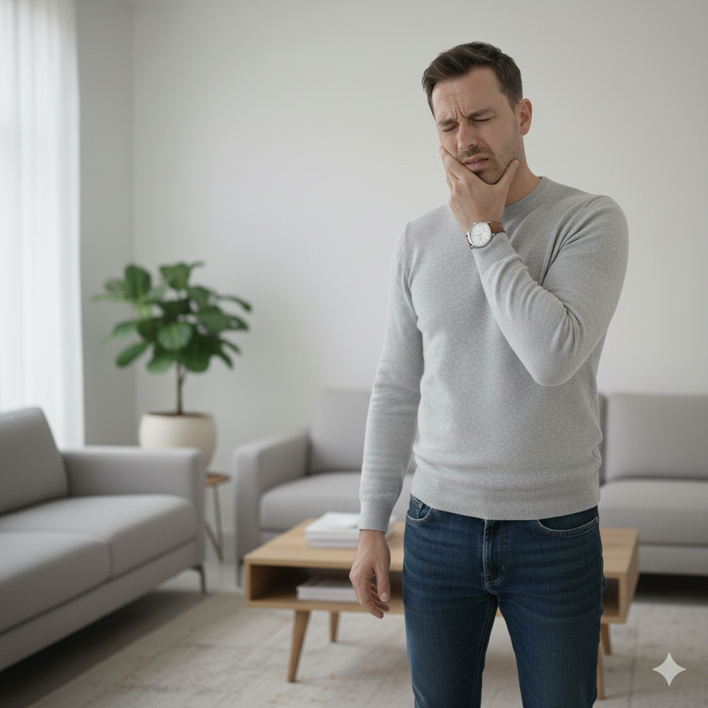 Hombre sufriendo de dolor dental o mandibular, con la mano en la mejilla buscando alivio