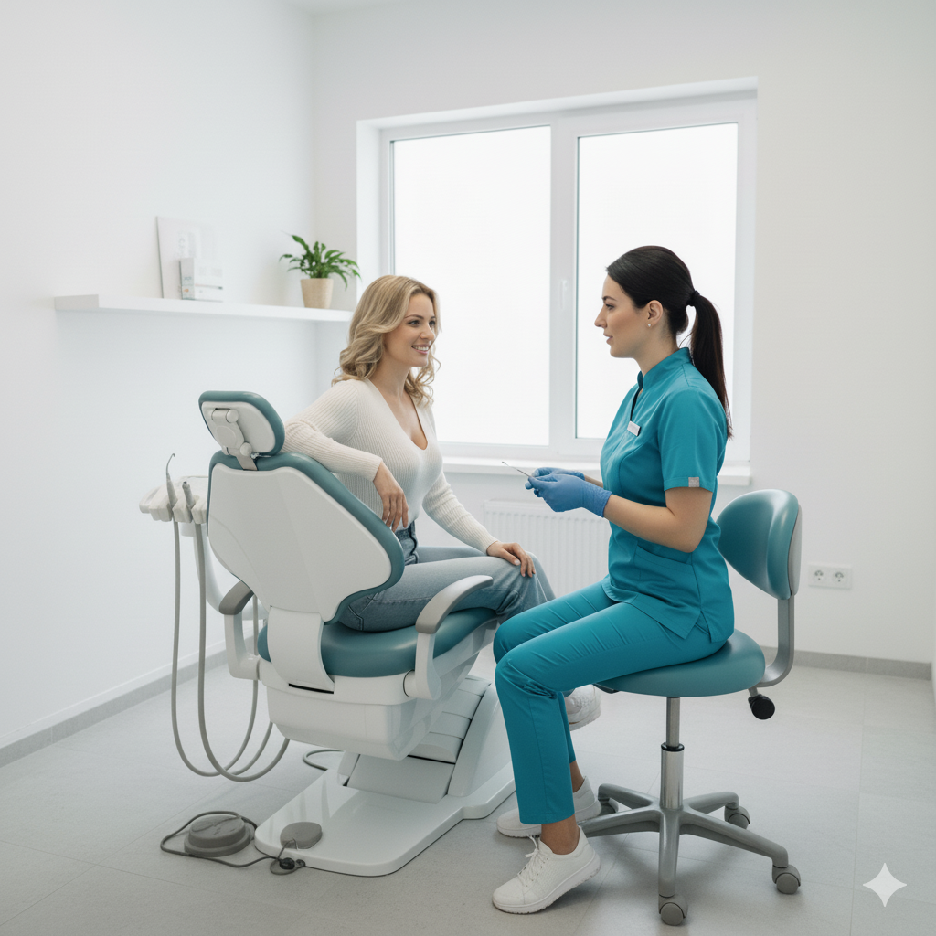 Una dentista conversando amistosamente con una paciente rubia sentada en el sillón dental