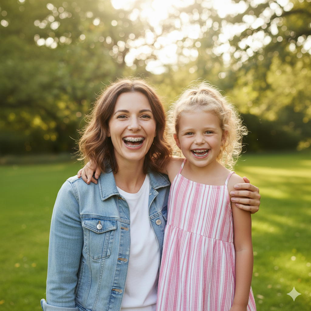 Una madre y su hija sonriendo y mostrando sus aparatos de ortodoncia, abrazándose en un parque