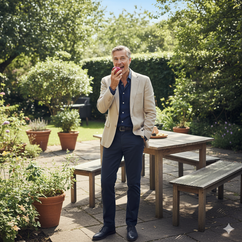 Un hombre sonriente y feliz muerde una manzana roja fresca en un jardín