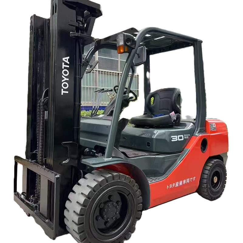 A red and black Toyota 30 SAS industrial forklift parked against a black background for warehouse material handling.