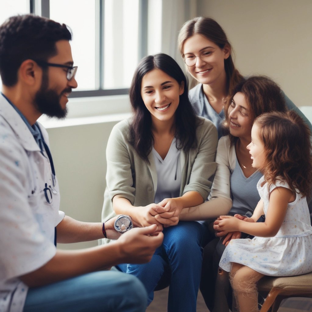 A diverse group of volunteers assisting newcomers in a community health setting.