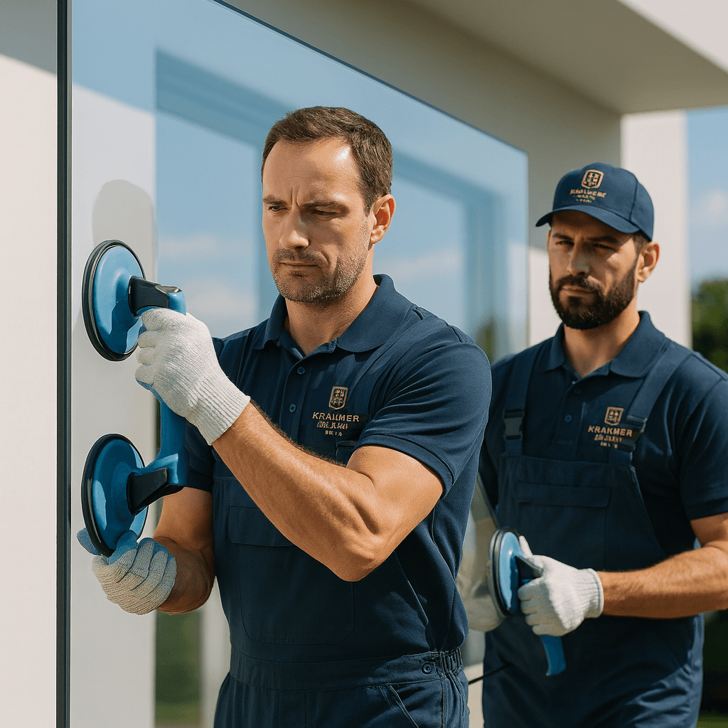 two men in blue uniforms are standing in front of a building