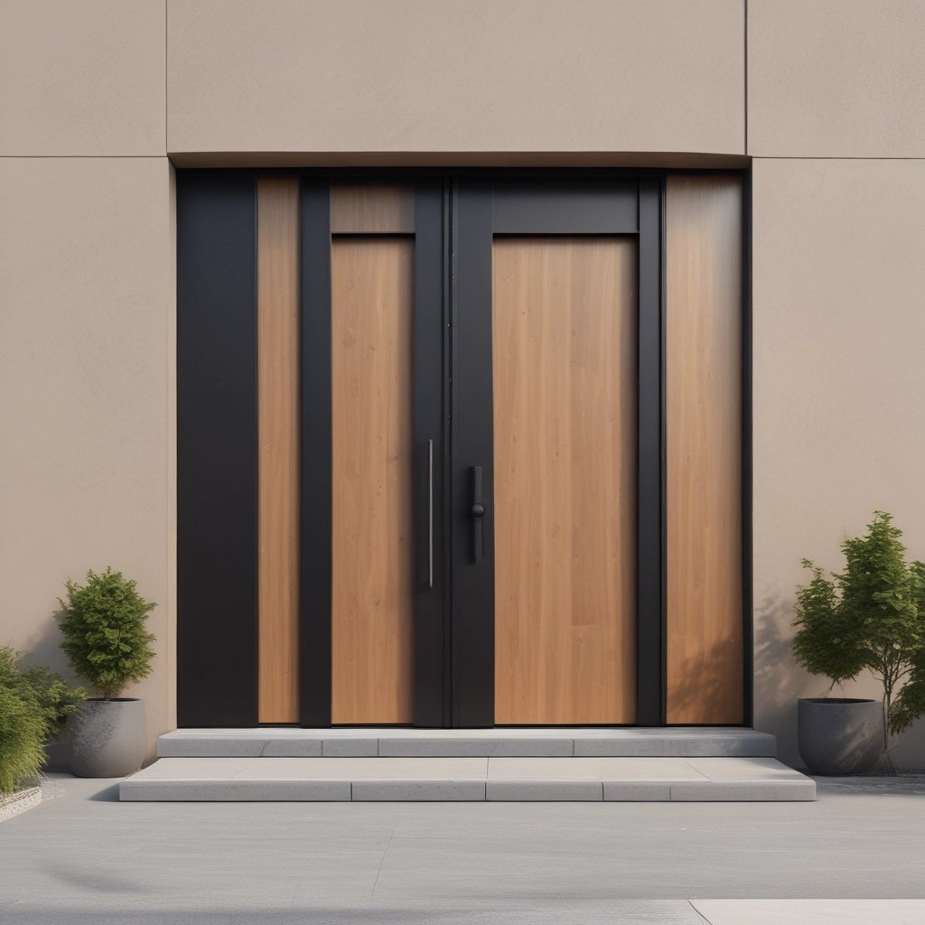 a modern front door with a wooden door and a planter