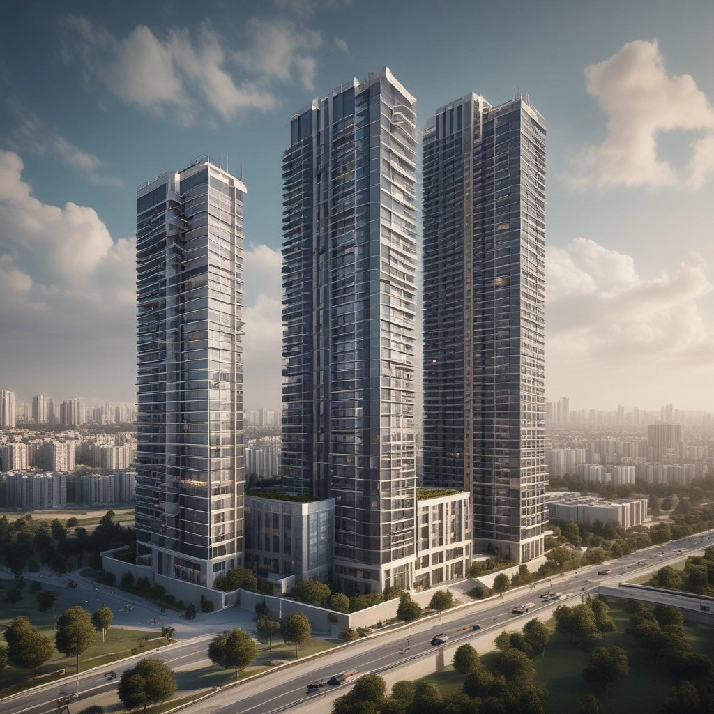 An aerial view of a large house with a light-colored roof surrounded by lush greenery. The property includes a rectangular swimming pool enclosed by a patio with lounge chairs, and a driveway leading to the main building.