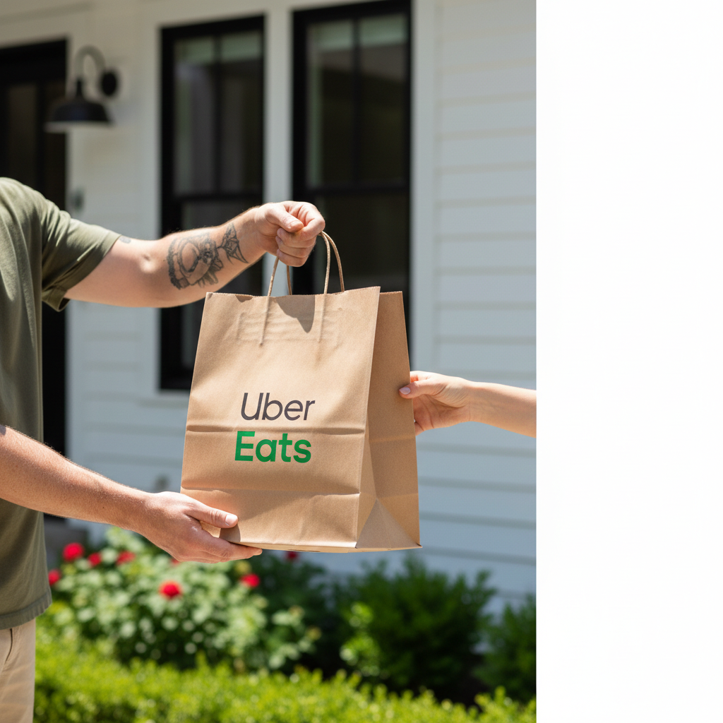 A person receives an Uber Eats food delivery in a brown paper bag at a residential front door.