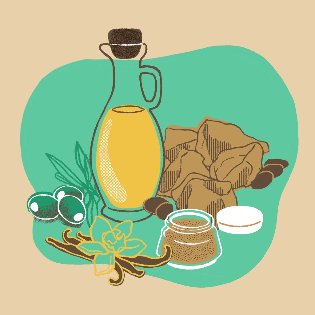 a bottle of olive oil with olives, cocoa, carité and vanille next to cosmetic pot