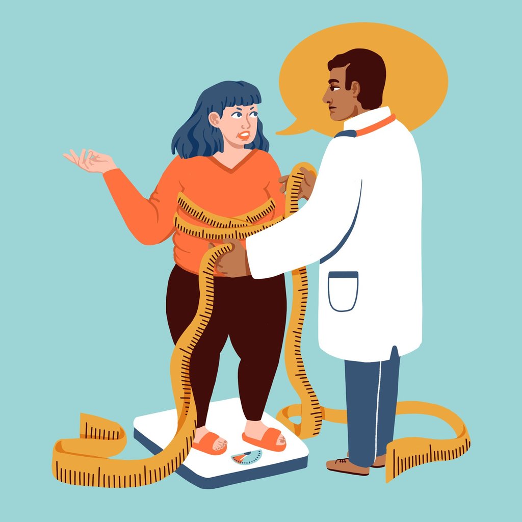 a woman standing on a scale while a doctor holds a measuring tape around her waist