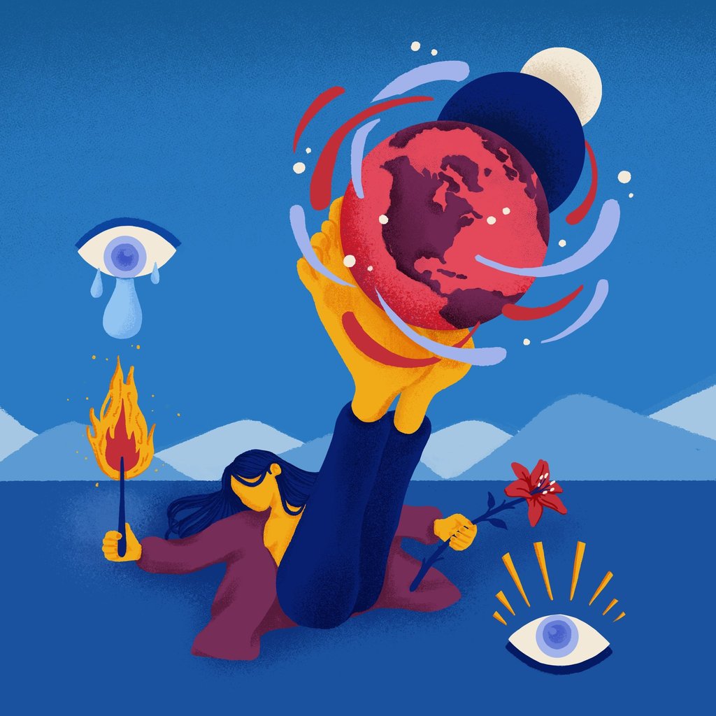 a woman holding a globe with her feet, a fire match and a flower in each hand. Eyes cry and light up