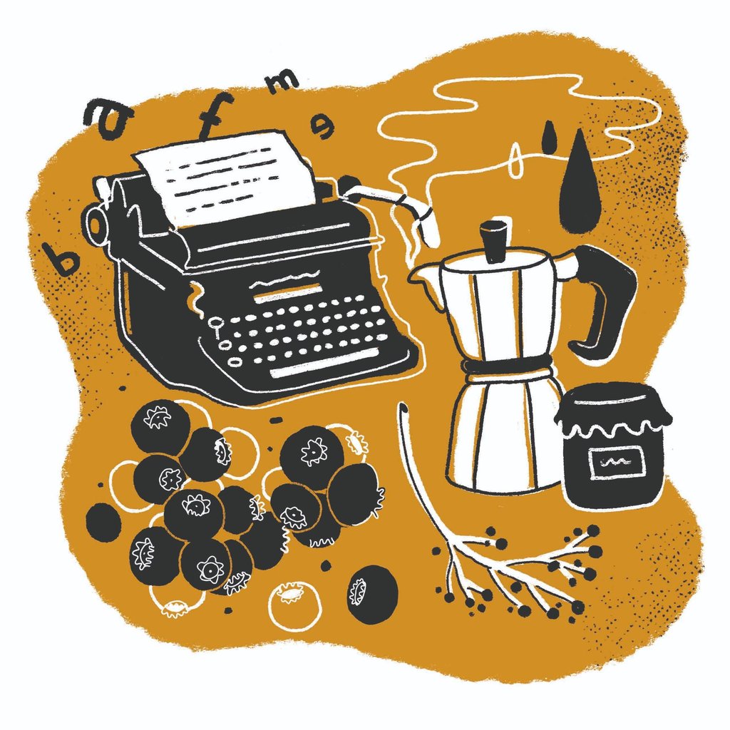 a typewriter next to an espresso machine, blueberries, a jam jar and letters floating