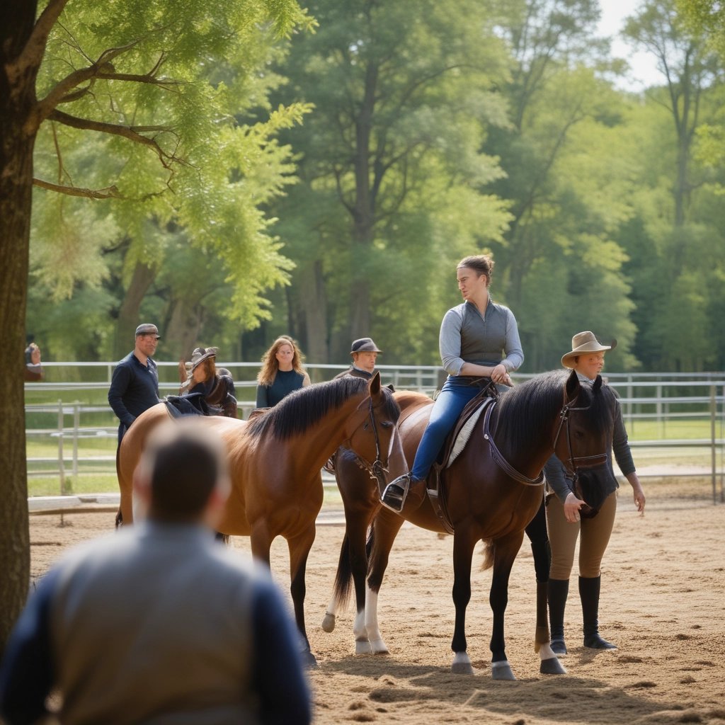 A peaceful scene with a paved path leading through a lush, green forested area. There are white fences lining a pasture where horses are grazing. Tall trees with dense foliage surround the area, creating a serene and natural environment.