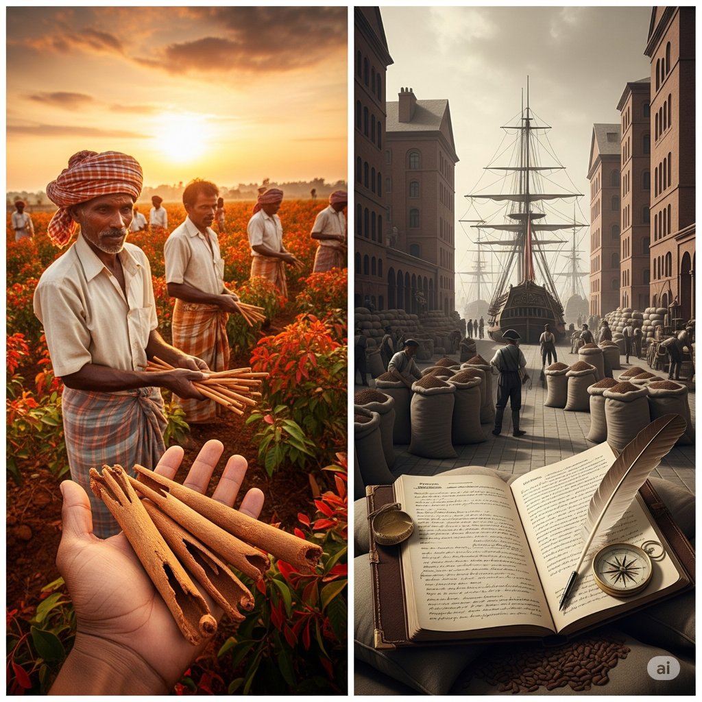 Indian farmers harvesting spices + European ships/warehouses overflowing with sacks.