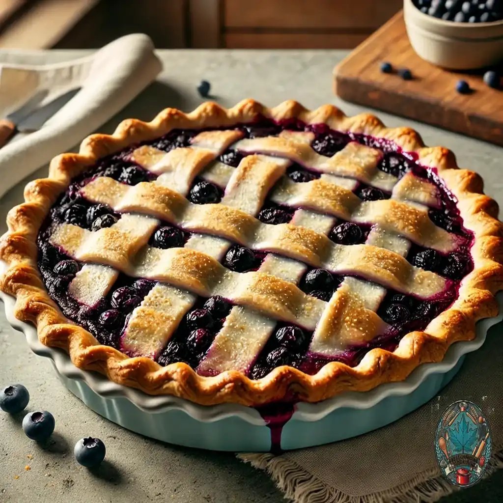 Golden lattice-topped huckleberry pie bursting with juicy berries on a rustic countertop.