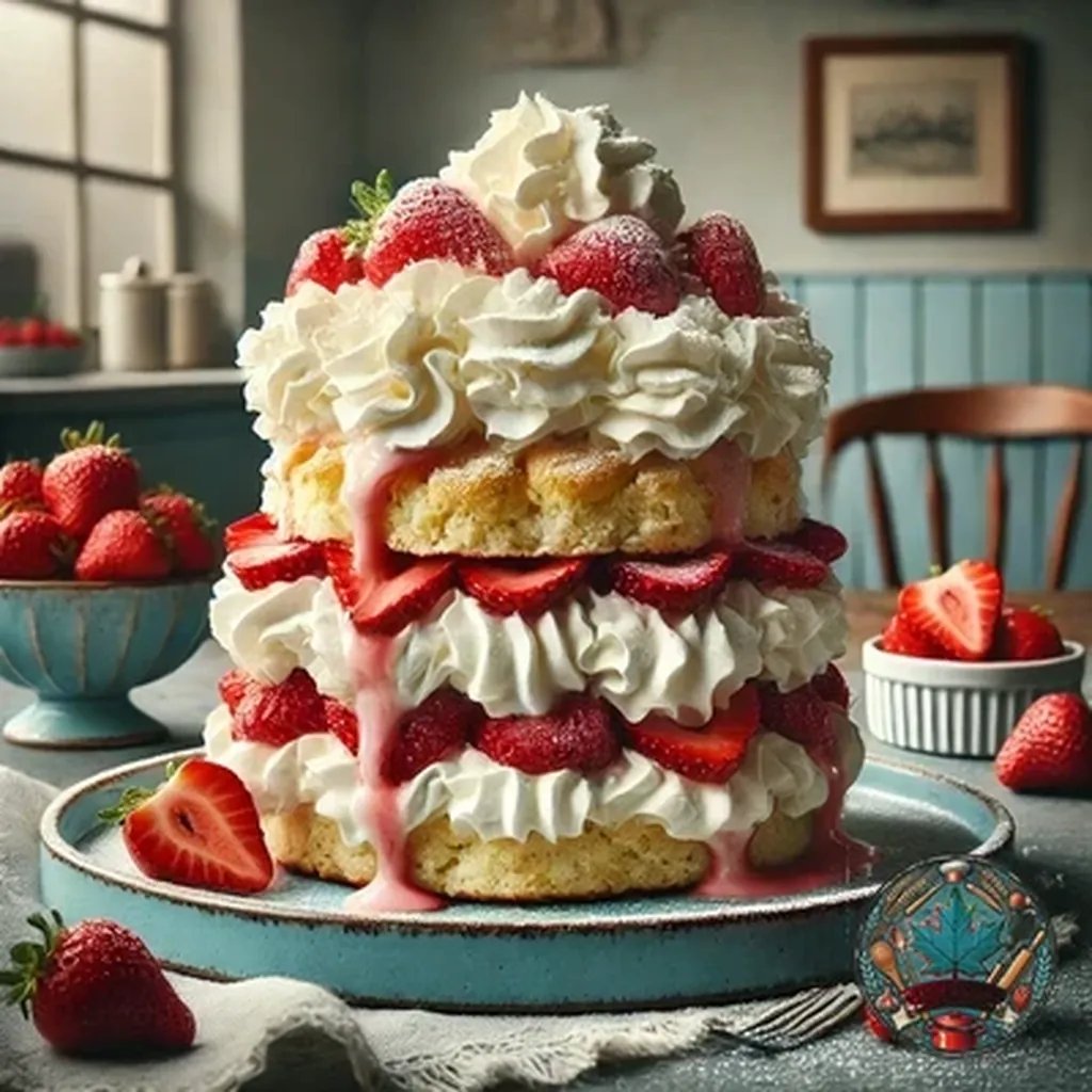 Layered strawberry shortcake with whipped cream and fresh berries on a rustic blue plate.