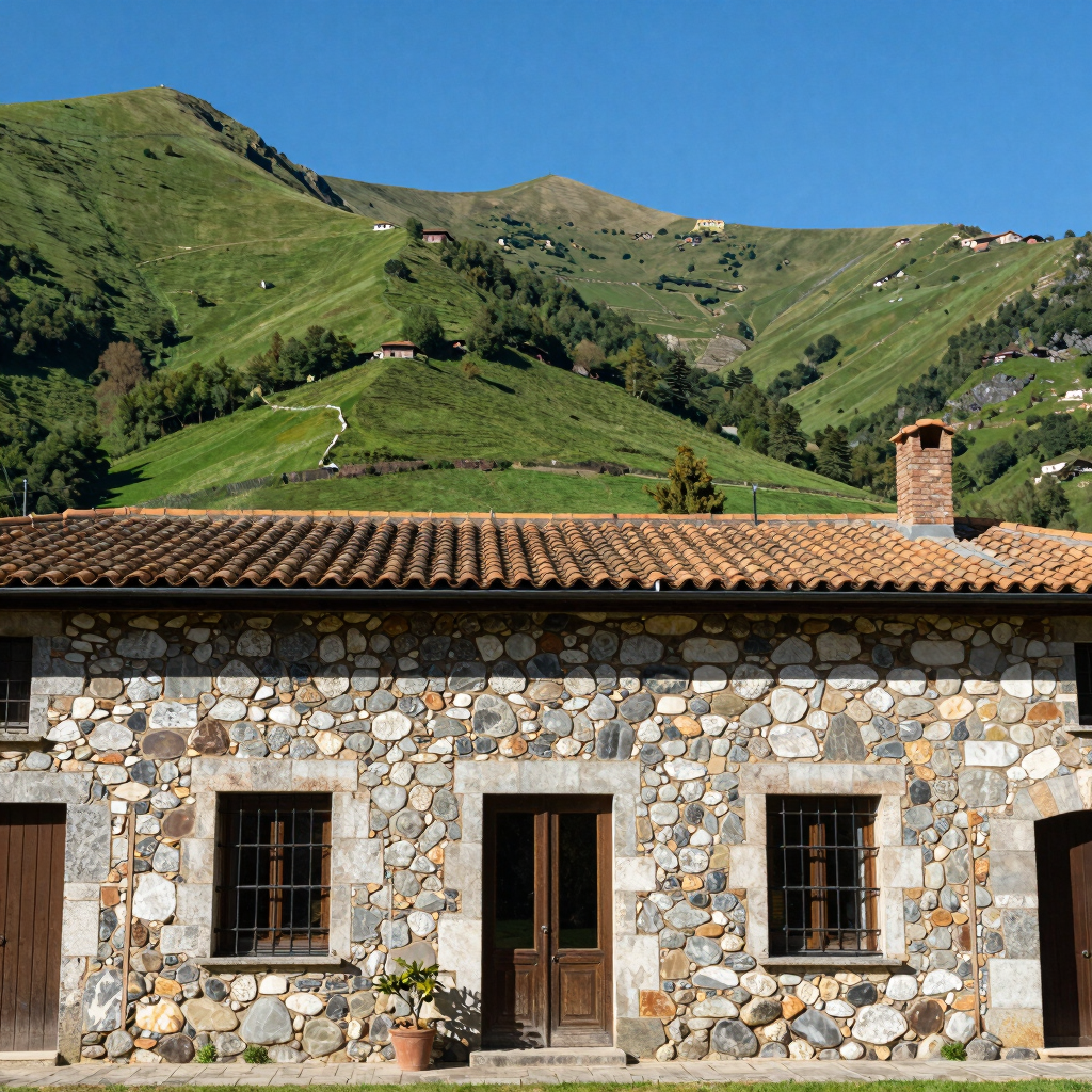 Sunlit stone facade in Spain framed by vibrant green Cantabrian hills under a clear blue sky.