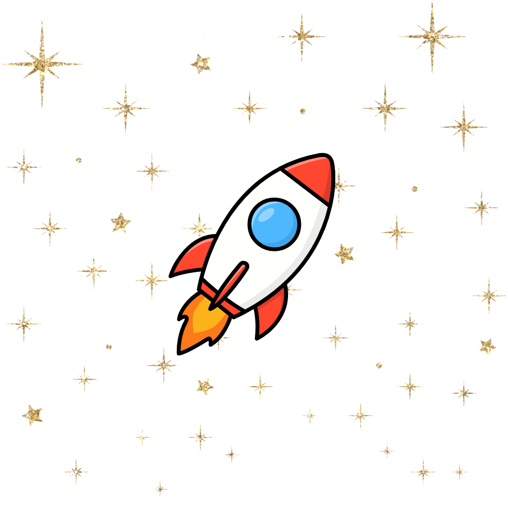 A cartoon space rocket ship illustration blasting off through a field of golden glitter stars on a black background.