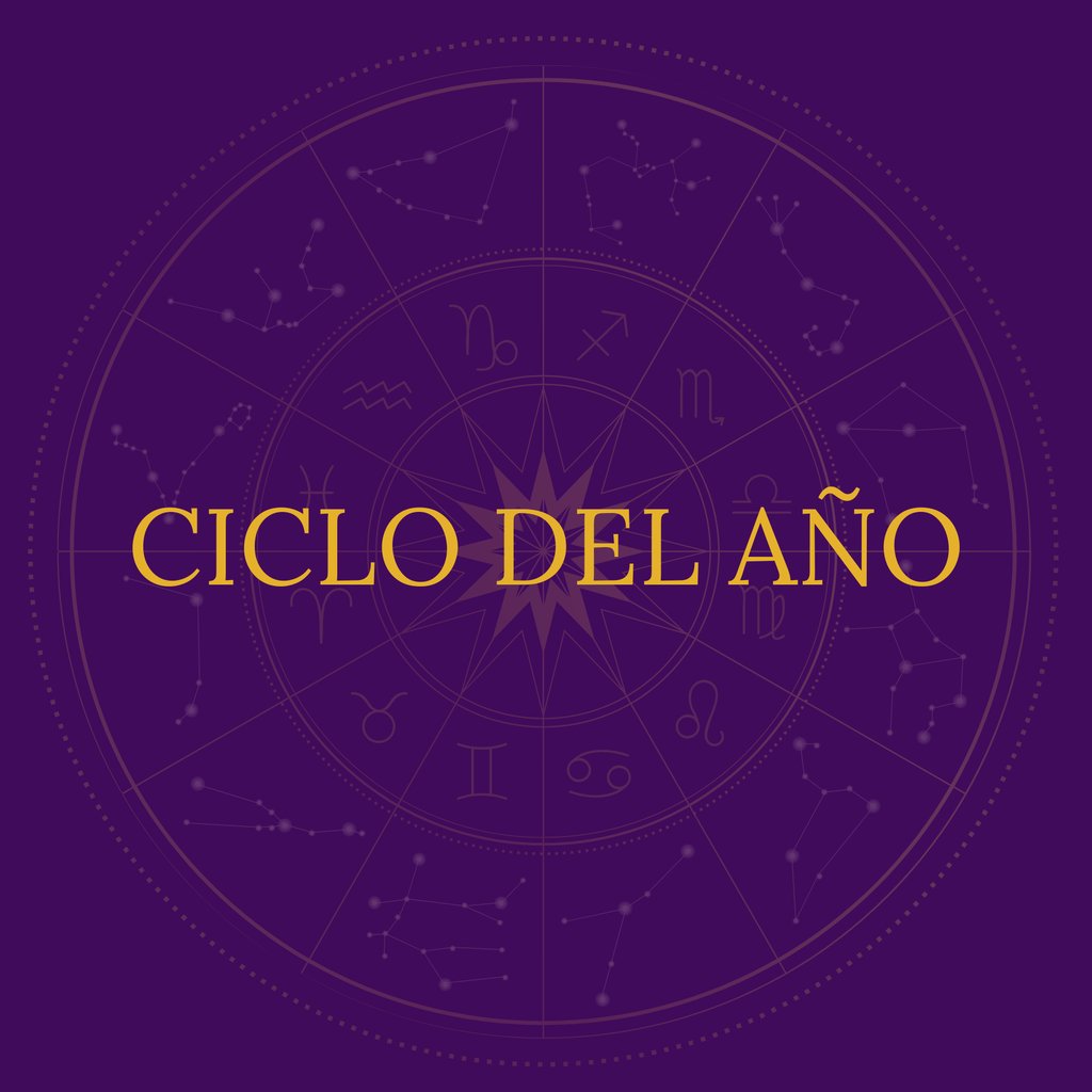 Purple zodiac wheel with gold text reading Ciclo del Año featuring astrological symbols and constellations.