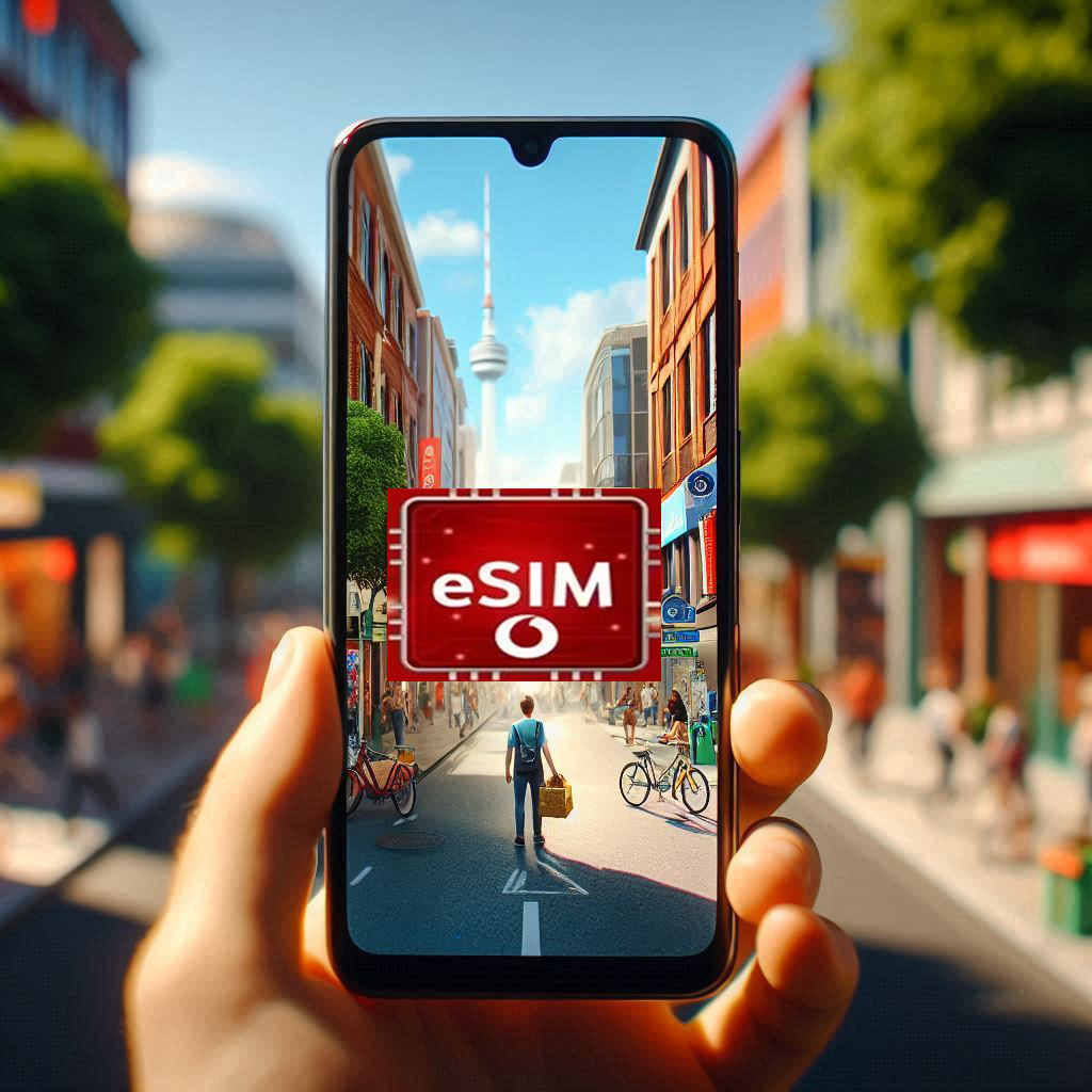 "Mano sosteniendo un smartphone con una eSIM de Vodafone activada