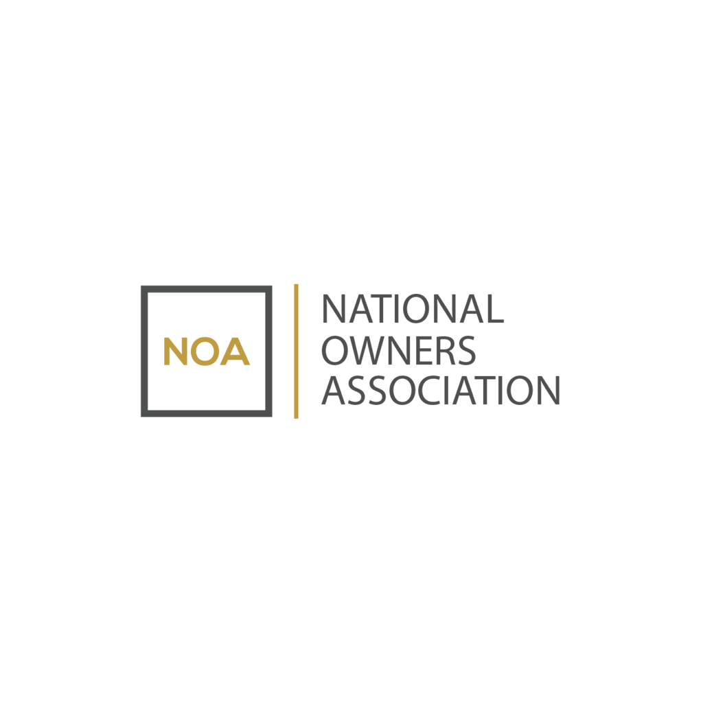 a black and white logo with the words national owners association on guide app's webstite