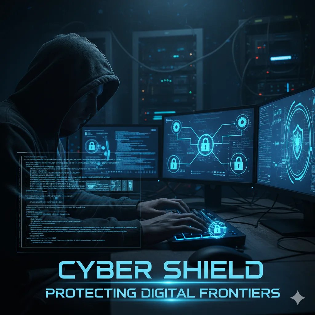 Digital cyber shield graphic with security interface on multiple screens