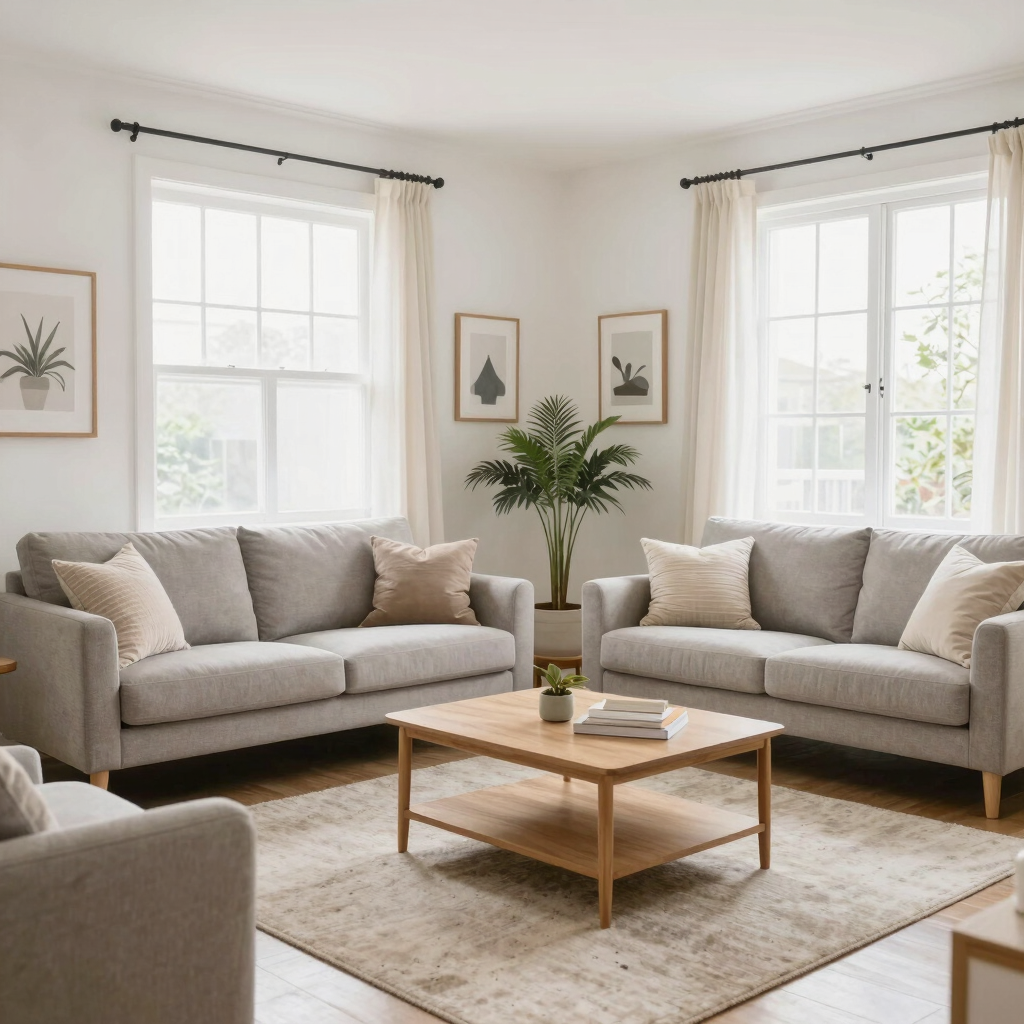 light candle on round white coffee table and sectional sofa