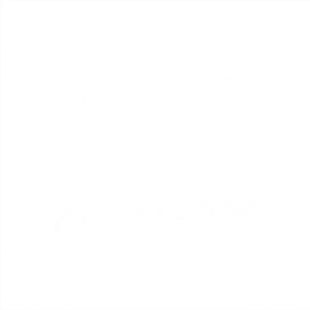 Official 3X by Alex Romero minimalist brand logo featuring white serif and script text on a black background.