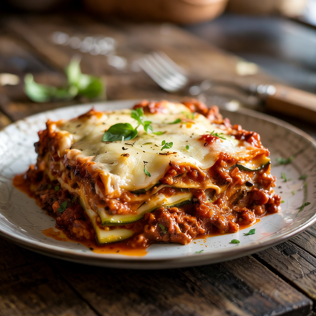Slice of keto zucchini lasagna with layers of meat sauce and cheese.