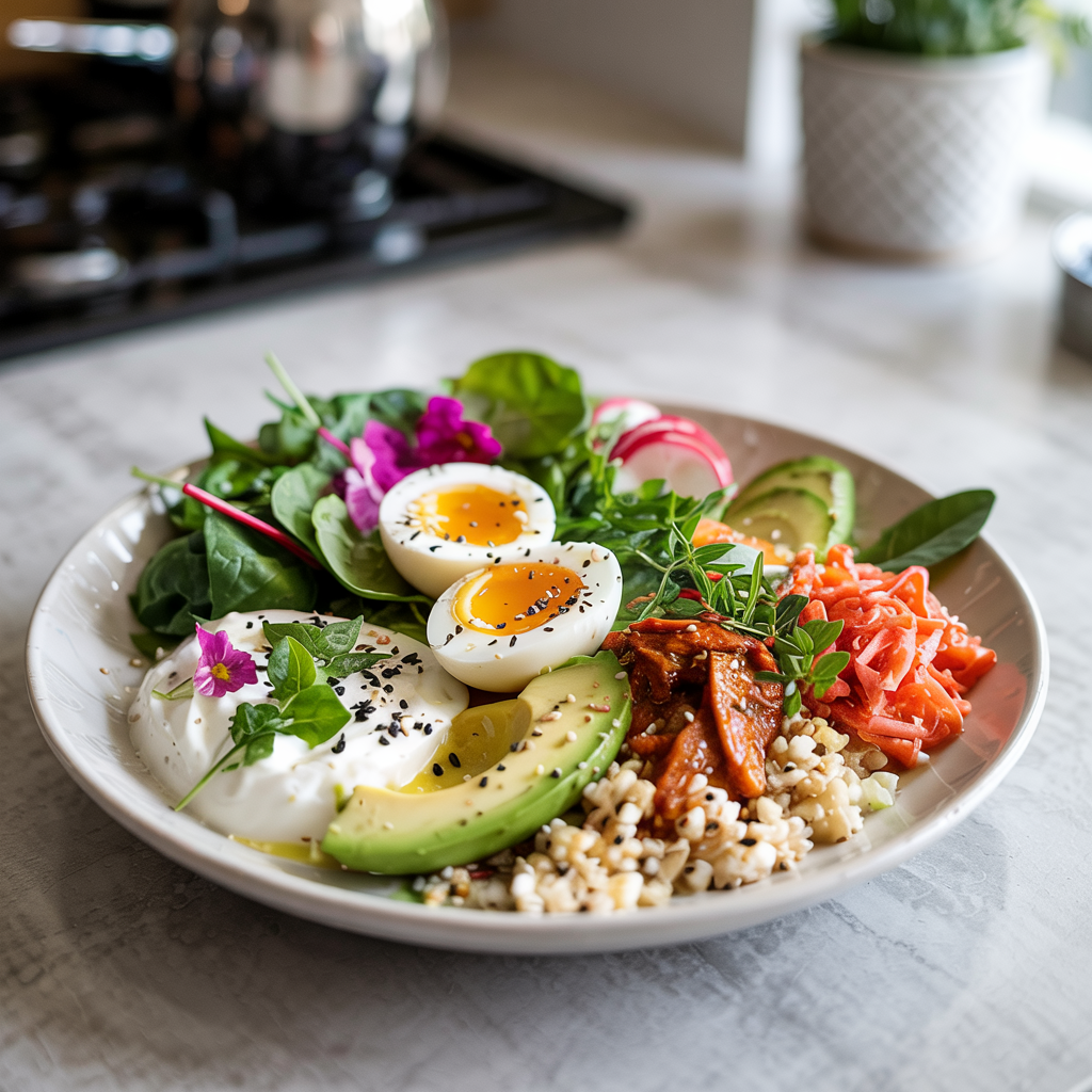 Gut-Friendly Keto Glow Bowl with cauliflower rice, avocado,sauerkraut,and soft-boiled eggs in a bowl
