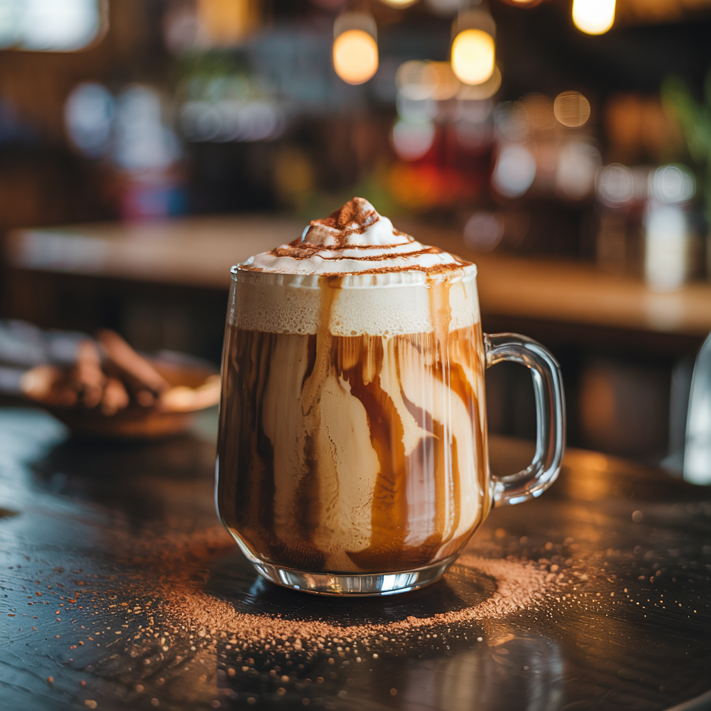 Creamy Lion’s Mane Vanilla Maple Latte in a ceramic mug, topped with cinnamon, placed on a rustic wo