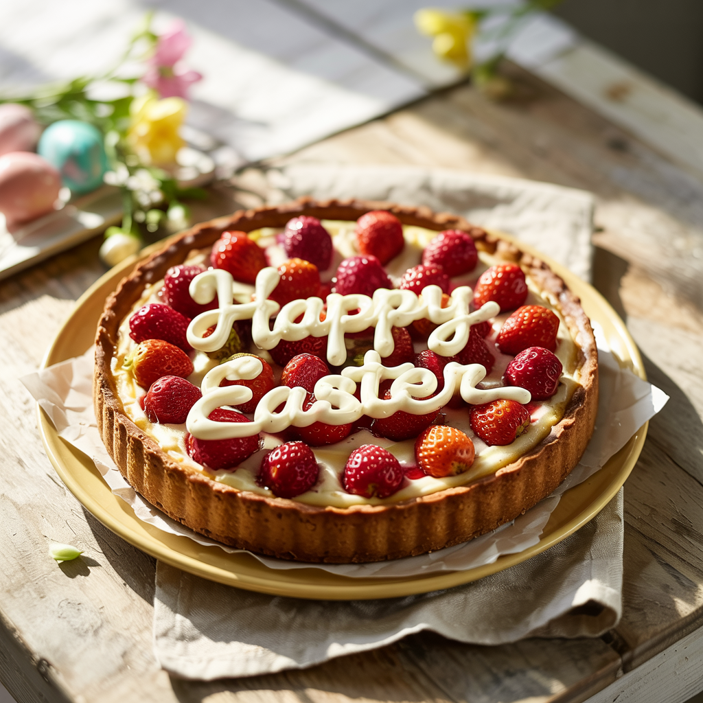 Baked strawberry tart with vanilla cream filling, topped with whole strawberries and white chocolate