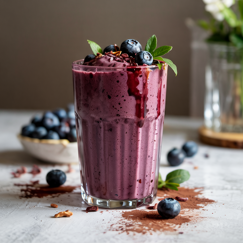 Mood-Lifting Blueberry Cacao Smoothie in a glass,topped with fresh blueberries and almond butter.