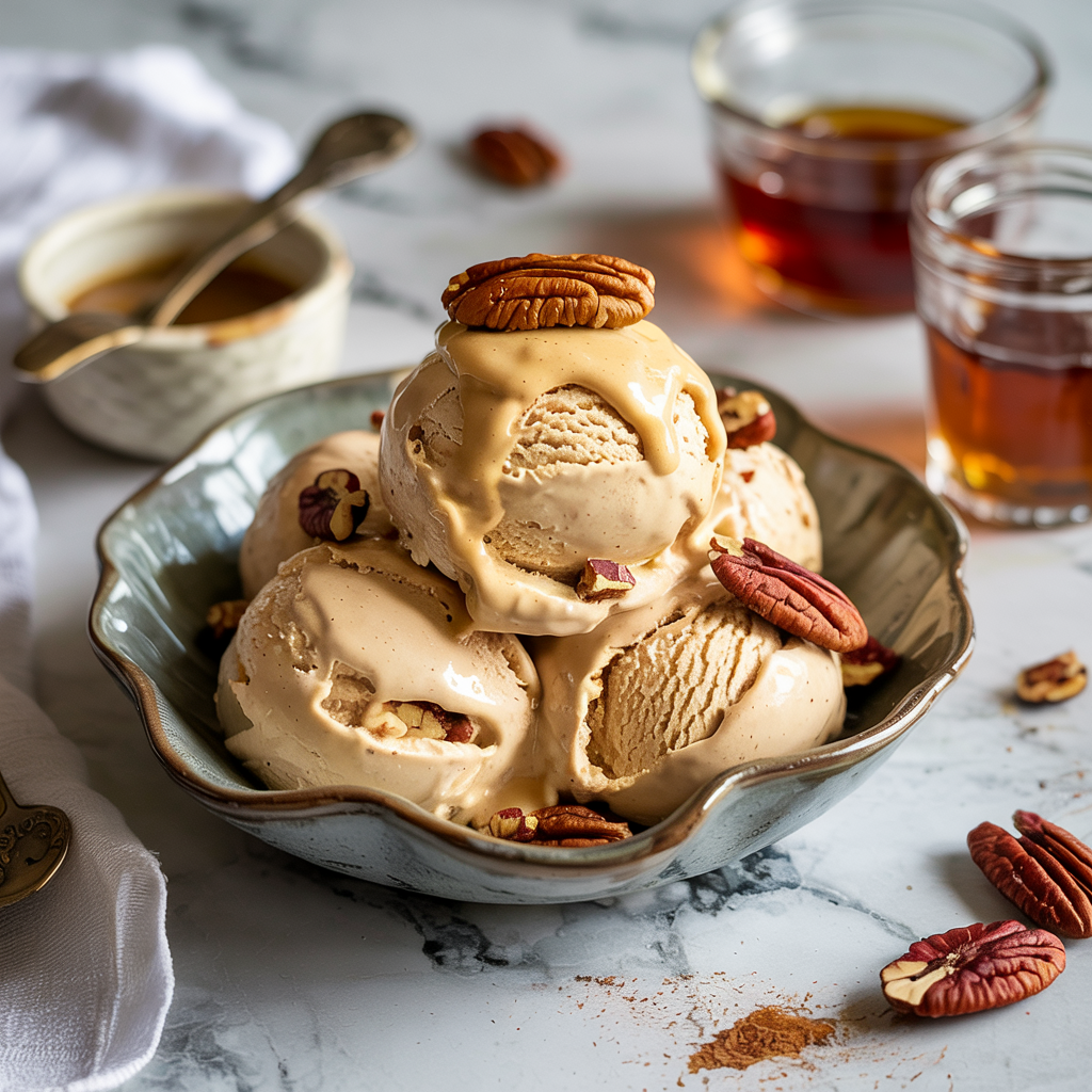 Scoops of vegan butter pecan ice cream in a bowl with candied pecans on top.