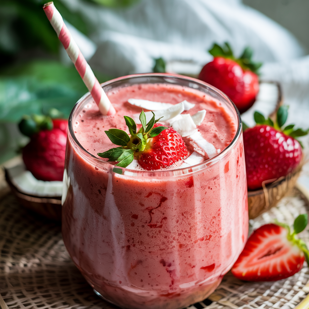 Creamy strawberry coconut smoothie in a glass topped with fresh strawberries and coconut flakes