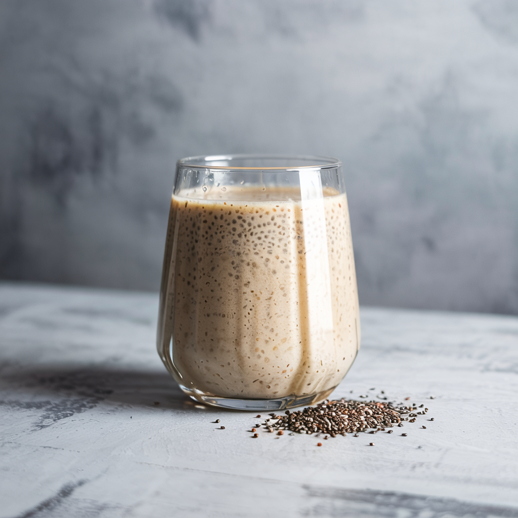 Glass of vanilla chia protein smoothie on a light textured surface with a small pile of chia seeds