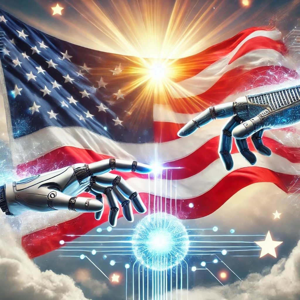 two robot hands mimicking the creation image with an american flag behind them