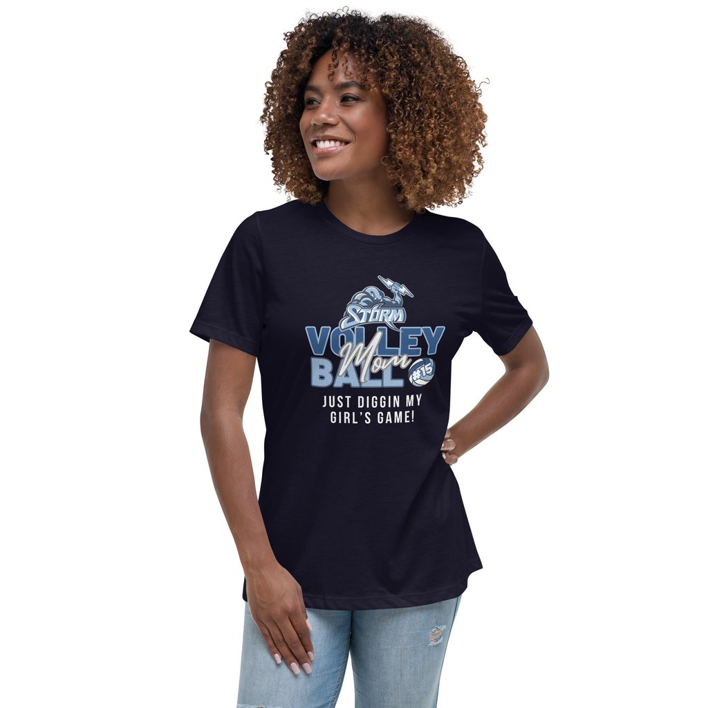 a woman wearing a t - shirt that says, "Volleyball Mom",