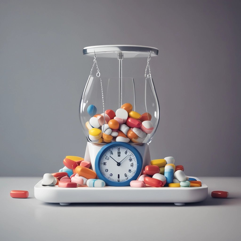 weighing scale with pills dropping into it 