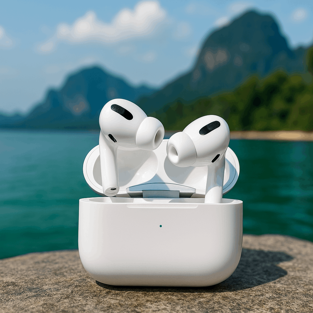 AirPods Pro 2 sitting on a stone on a Thailand Beach with the ocean in the background