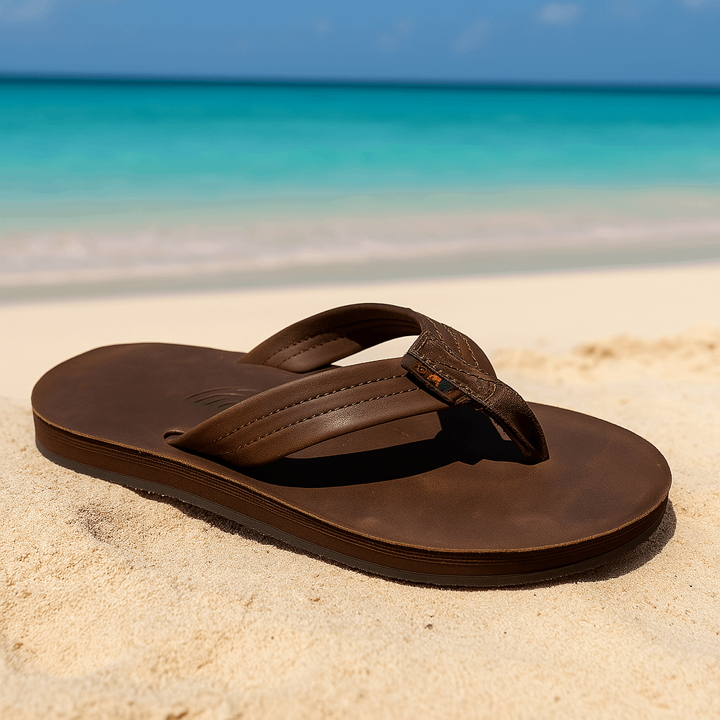 A leather Rainbow Sandal in brown sitting in the sands of a Thai beach with the turquoise waters
