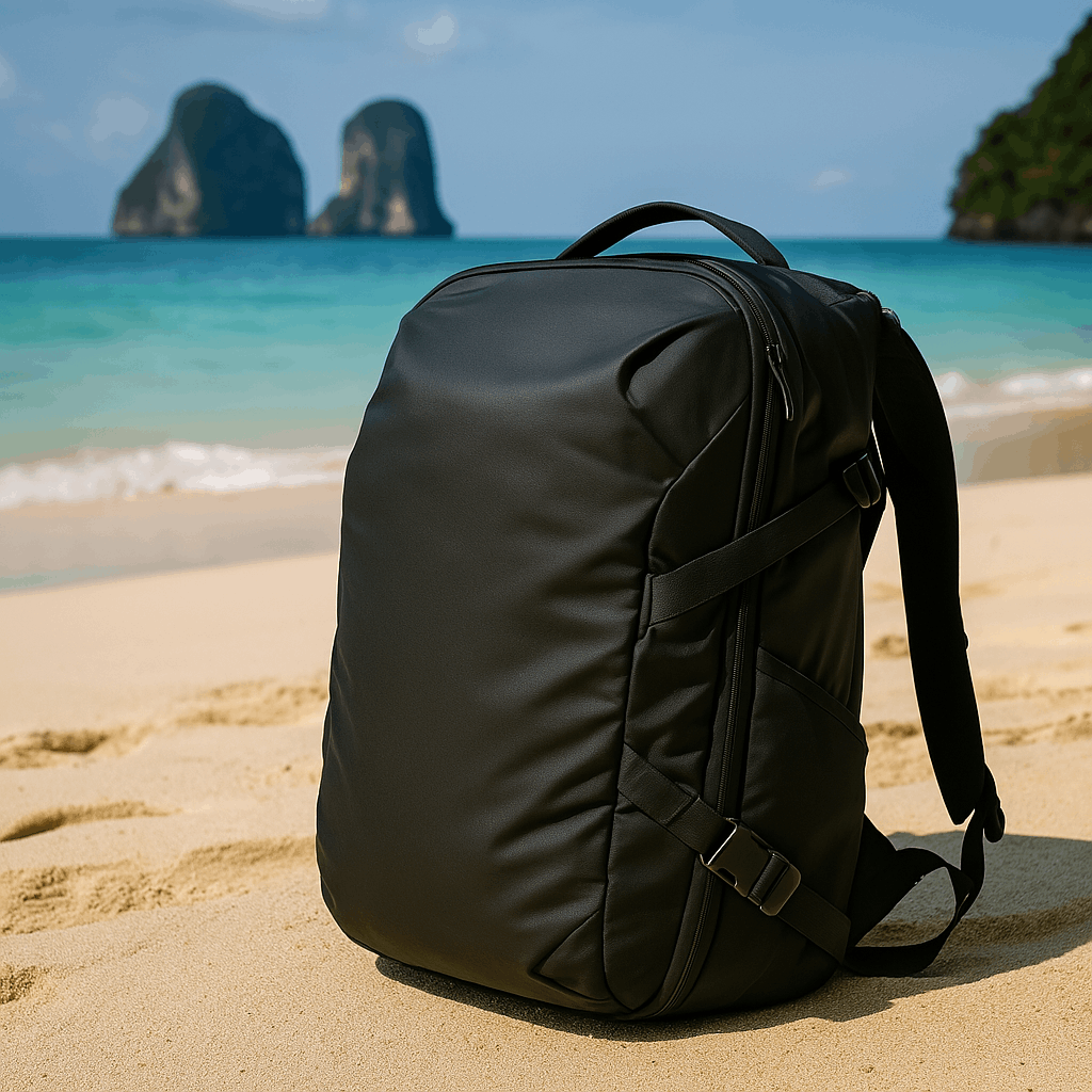 Peak Design Backpack sitting on the golden sands of a Thai Beach with the ocean in the background