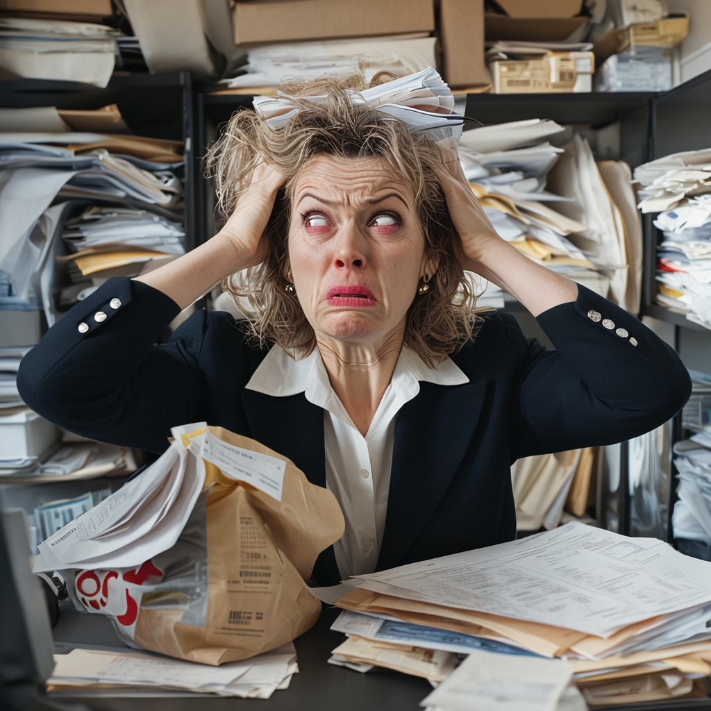 woman or man overloaded with bookkeeping documents