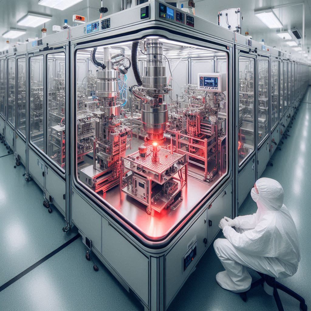 Automated cleanroom production line. Medical device assembly in aseptic environment.