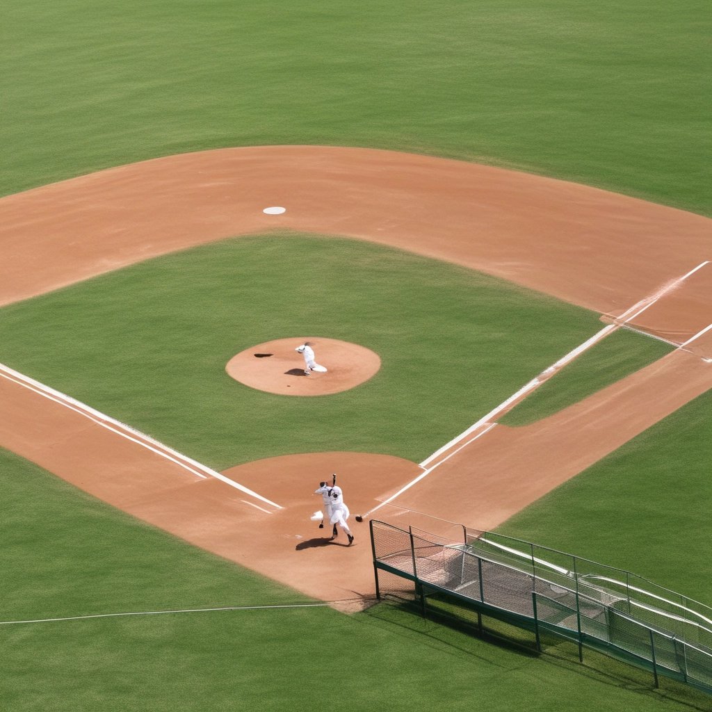 A person wearing a red helmet is poised in a batting stance with a baseball bat in a batting cage. The cage is enclosed with black netting and sunlight is casting shadows on the ground. The background shows some buildings and other equipment inside the cage.
