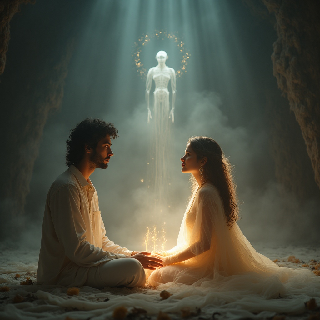 a man and woman sitting on a bed in a cave