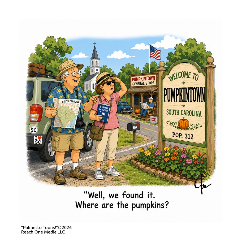Cartoon of tourists trying to find the pumpkins in Pumpkintown SC
