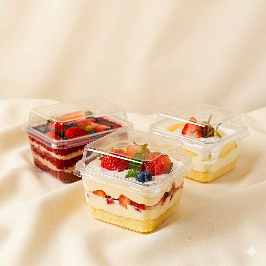 Layered strawberry shortcake and red velvet cake desserts in plastic square take-away containers.