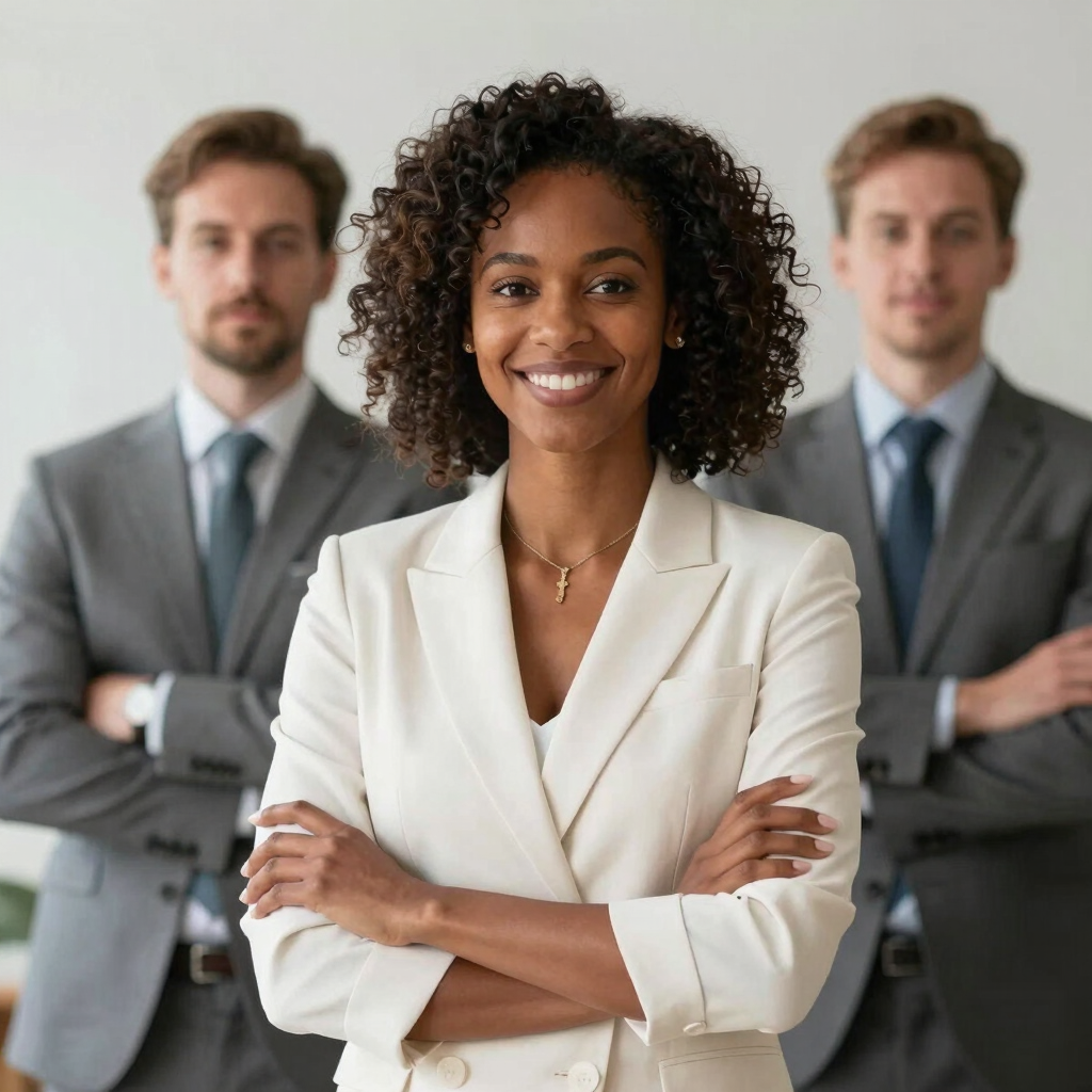 Elegant business executives smiling confidently in a modern office setting.