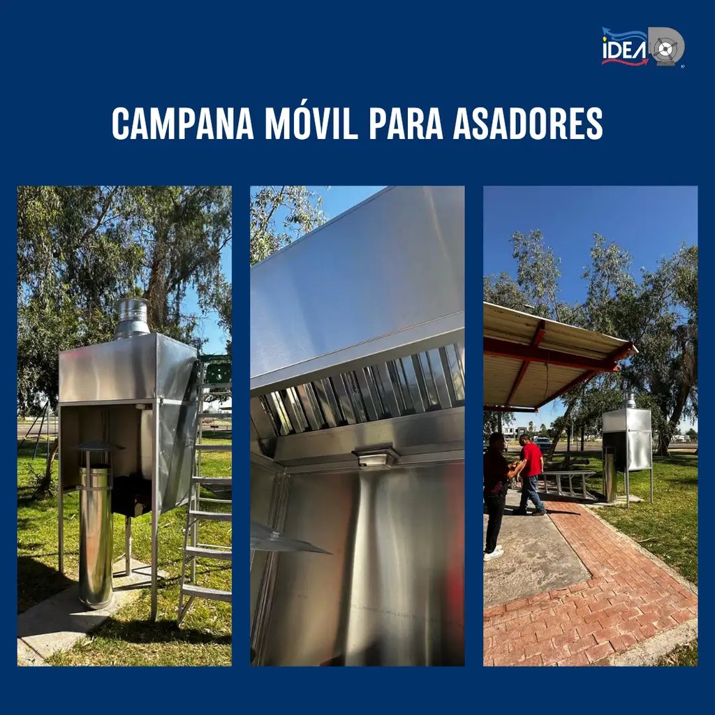 Campana móvil de acero galvanizado para asador instalada en área exterior para extracción de humo